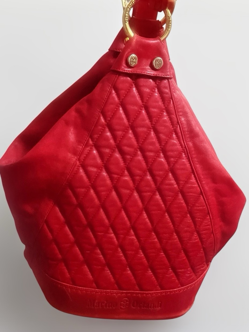 Marino Orlandi Red Leather Shoulder Bag Multicolor Logo-Print Lining Made Italy